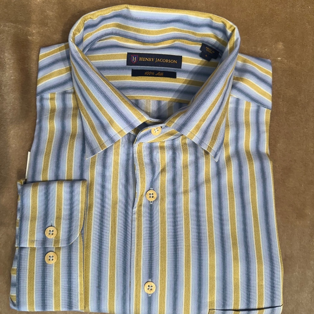 New Henry Jacobson, size L, 100% silk sport shirt w/one-piece collar